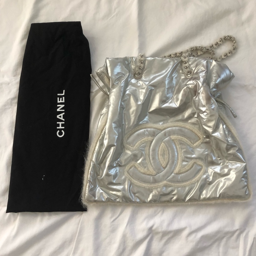 Chanel bag metallic silver with fur trim